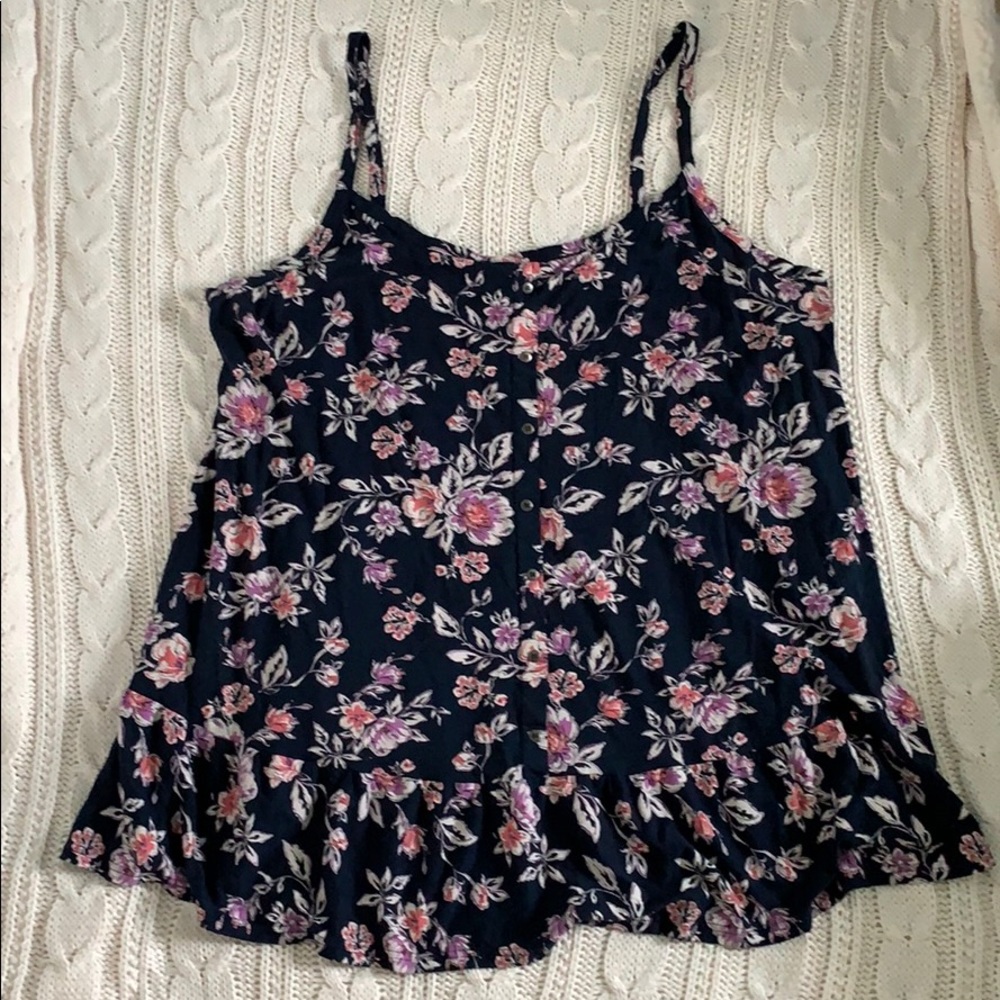 Floral Tank with Buttons and Peplum Hem